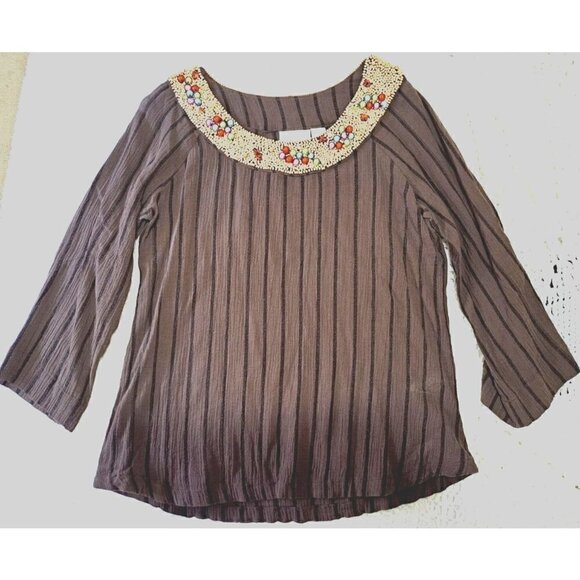 Soft Surroundings L Brown Scoop Neck 3/4 Sleeve Beaded Neckline Tunic Top - Picture 3 of 9